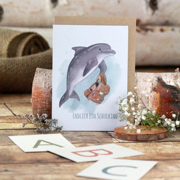 Grusskarte Einschulung Delfin quadrat